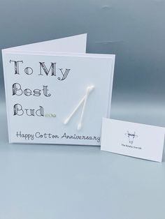 two white greeting cards with the words to my best bride and happy cotton anniversary written on them