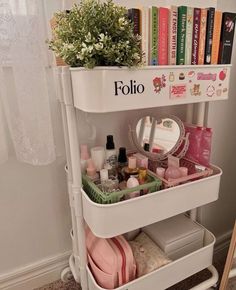 a white shelf filled with lots of beauty products