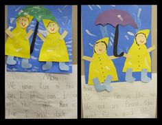 two pictures of children holding umbrellas in the rain, one is cut out from paper