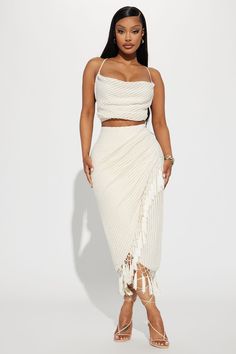 Next Vacation Skirt Set - Cream | Fashion Nova, Matching Sets | Fashion Nova Two Piece Maxi Skirt Set Formal, Fashion Nova Vacation Outfits, Dominican Republic Women Fashion, Fashion Nova Summer Outfits, African Vacation Outfit, Island Dinner Outfit, Vacation Outfits Jamaica, All Cream Outfit, Yacht Party Outfit Black Women