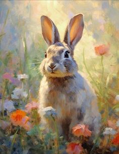 a painting of a rabbit sitting in the middle of flowers and grass with its eyes open