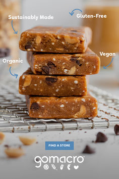 three bars stacked on top of each other, labeled with the words gomacro and gluen - free