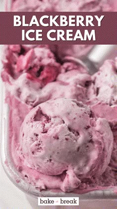 two scoops of blackberry ice cream in a plastic container with text overlay that reads, blackberry ice cream