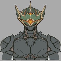 a stylized image of a robot suit with an elaborate helmet on it's head