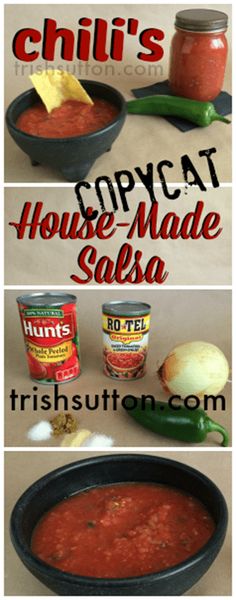 three pictures showing how to make chili's in the slow cooker, with text overlay that reads copycat house made salsa