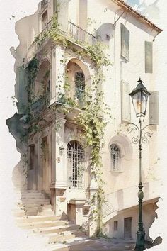 a watercolor painting of an old building with vines growing on it