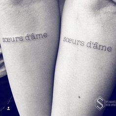 two people with tattoos on their arms that say, seurs d'ame