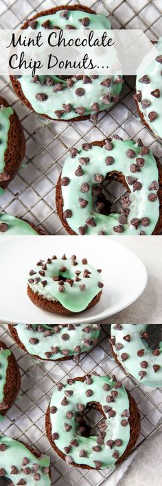 mint chocolate chip donuts on a cooling rack