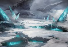 an artistic painting of ice and snow with mountains in the background