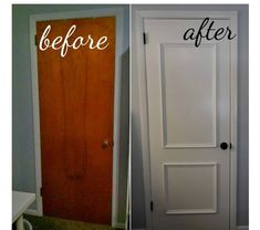 before and after photos of a door with the words before painted on it in white