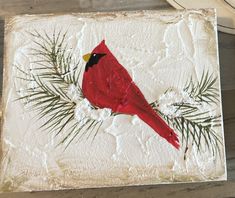 a red bird sitting on top of a white piece of paper next to a pine branch