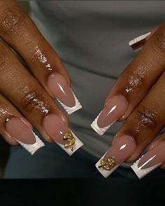 French Tips For Wedding, Nails Inspiration Square, French Nails With Gems, Gold And White Nails, Healthy Natural Nails, Square French, Fancy Nails Designs