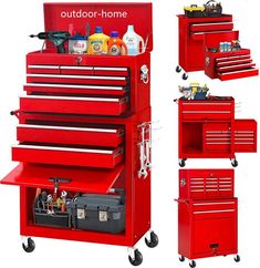 the red tool cabinet has many drawers and tools on it's sides, including one with