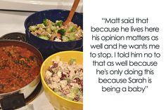 three bowls of food are sitting on the stove with a quote about what it means