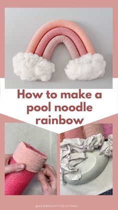 Bedroom wall decor that’s a giant rainbow in a little girls room. It’s made out of pool noodles. Diy Rainbow Decorations Room Decor, Pool Noodle Wall Decor, Unicorn Girls Bedroom Room Ideas, Diy Girls Room Decor, Boho Rainbow Kids Room