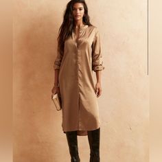 A Beautiful Tan, Satin, Shirt Dress. Perfect For Fall! Long Shirt Dress For Fall, Luxury Shirt Dress With Pockets For Fall, Brown Satin Shirt Dress, Satin Midi Dress Outfit, Midi Dress Outfit, Satin Shirt Dress, Silk Shirt Dress, Banana Republic Factory, Satin Shirt