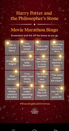 harry potter and the philospher's stone movie marathon bingo game on an iphone