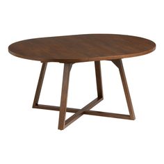 an oval wooden table with two crossed legs and a circular wood top, against a white background