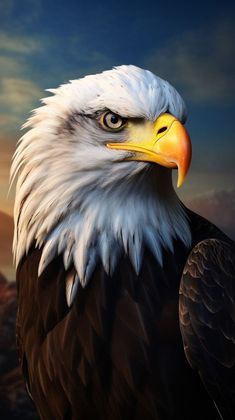 an eagle is standing in front of a mountain and the sky with clouds behind it