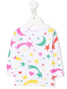 multicolour cotton jersey knit all-over graphic print star print round neck long sleeves straight hem Stella Mccartney Kids, Shooting Stars, Denim Coat, Skirted Swimwear, Star Print, Baby Tshirts, Swimwear Tops, Stella Mccartney