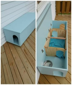 an empty box sitting on top of a wooden floor next to a dog house with its door open