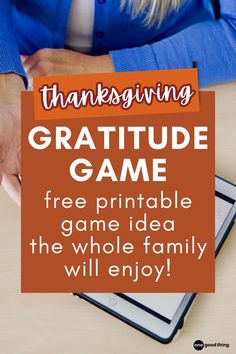 a woman sitting at a table with a thanksgiving card on her lap and the words, thanksgiving