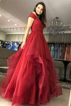 Short Sleeve Dresses For Gala During Prom Season, Glamorous A-line Prom Gown, Elegant Red Tulle Evening Dress, Red A-line Ball Gown For Formal Occasions, Elegant Ruffled Ball Gown For Prom, Red Evening Dress For Banquet During Prom Season, Short Sleeve Gown For Gala And Prom Season, Short Sleeve Gown For Gala And Prom, Elegant Fitted Summer Ball Gown