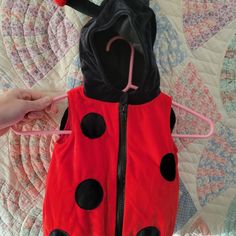 a ladybug costume is hanging on a quilt