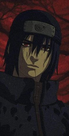 an anime character with black hair and red eyes