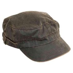 American Holly leather-look weathered cotton military style cap. Low, flat top cap with short, straight side panels. Slightly curved brim. 2.25", with stitching detail. Belt and loop detail around base. Stitched eyelets. Sectioned elastic and fabric sweatband. 52% Cotton, 48% Polyester Americana Style Cap, Men’s Short Brim Fitted, Summer Fedora Hat, American Holly, Cadet Hat, Outdoor Hat, Flat Hats, Street Style Outfits Men, Wide Brim Sun Hat