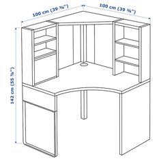 the corner desk with shelves is shown