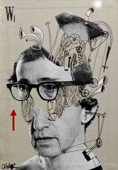 a drawing of a man's head with many objects in the hair and glasses