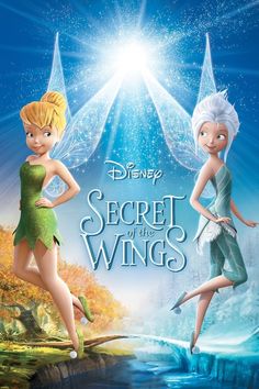 two tinkerbells are standing in front of a waterfall with the words, secret of