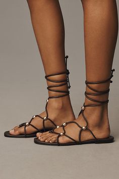 Leather upper, insole Rubber sole Tie styling Imported | Embellished Tie-Up Sandals by Anthropologie in Brown, Women's, Size: 6, Leather/Rubber Sundress Season, Tie Up Sandals, Brown Fits, Tie Styles, Brown Sandals, 50 Fashion, Shoe Shop, Rubber Sole, Leather Upper