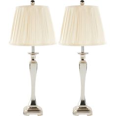 pair of chrome plated table lamps with pleated shades on each lamp, one light turned off and the other turned off