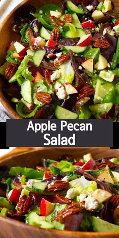 Apple pecan salad in a wooden bowl, with dressing and salad servers on the side. Apple Fall Salad Recipes, Romaine Salad Recipes With Apples, Fall Salad Recipes Romaine, Autumn Spinach Pecan Salad, Apple Pecan Feta Spinach Salad With Maple Cider Vinaigrette, Harvest Apple Salad Recipes, Apple Pecan Fall Salad, Apple Orchard Salad, Salad With Apples And Goat Cheese