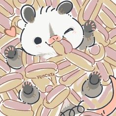 a drawing of a hamster eating noodles with hearts on it's face and hands