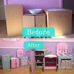 the before and after photos of a doll house makeover with cardboard boxes on the floor