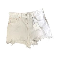 New With Tags Zara White Denim Short Shorts Size 4 (36) Distressed High Waist As Pictured Questions? Leave A Comment Below! White Ripped Jeans For Summer, Chic Distressed Cutoff Shorts, Chic Distressed Jean Shorts, White Ripped Cutoff Bottoms, Chic Ripped Jean Shorts, Trendy Zara Shorts With Frayed Hem, Chic Distressed Cotton Jean Shorts, White Distressed Summer Jeans, White Ripped High Waist Shorts