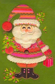 a green christmas card with a santa clause holding a red ball and gift box in his hand