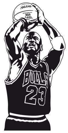 a black and white drawing of a basketball player holding a ball above his head with both hands