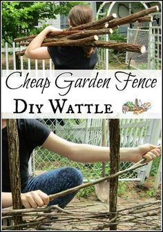 a woman sitting on the ground with sticks in her hands and text overlay reading cheap garden fence diy watt