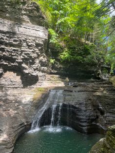 a small waterfall in the middle of a forest