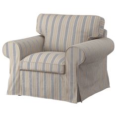 an upholstered chair with striped fabric