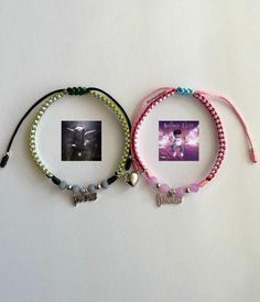 two bracelets that have pictures on them