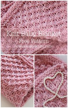 the knit baby blanket is shown in pink and has a heart on it, as well as