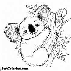 a koala bear sitting on top of a tree branch with leaves around it's neck