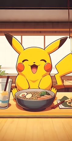 a cartoon pikachu sitting at a table with food in front of him