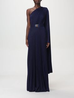 Dress ELISABETTA FRANCHI Woman color Navy Elisabetta Franchi Dress, Cape Sleeves, Italian Fashion Designers, Navy Dress, Shoulder Design, Fitted Bodice, Italian Fashion, Woman Colour, Ankle Length