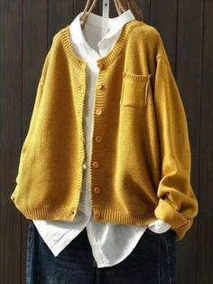 Crew Neck H-Line Long Sleeve Sweater Mode Kimono, Winter Chic, Crisp White Shirt, Yellow Sweater, Loose Sweater, Half Sleeves, Long Sleeve Sweater, Knit Cardigan, Sweater Outfits